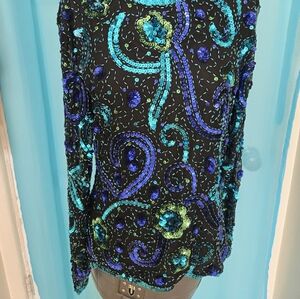 Vintage Glam Blue Purple  Black Sequin Silk Cocktail  Blouse Top Medium